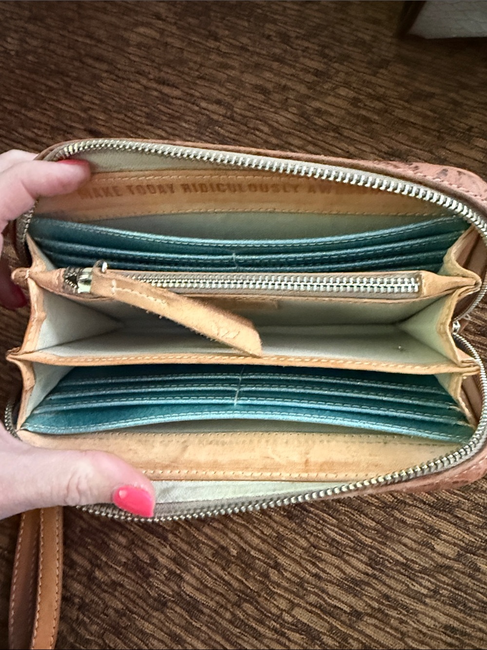 Embossed Brown Sally leather Wristlet Wallet - Picture 2 of 3
